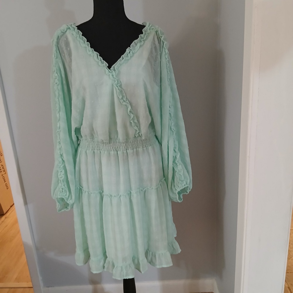 Dress SzL Mint Green Long Sleeve Dot Swiss Ruffle Smocked Waist Easter‎ Mini